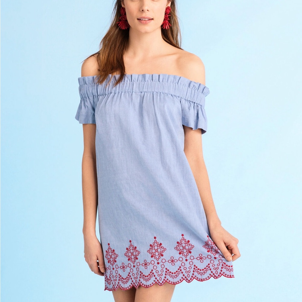 Vineyard Vines Off The Shoulder Embroidered Oxford Dress Size XS